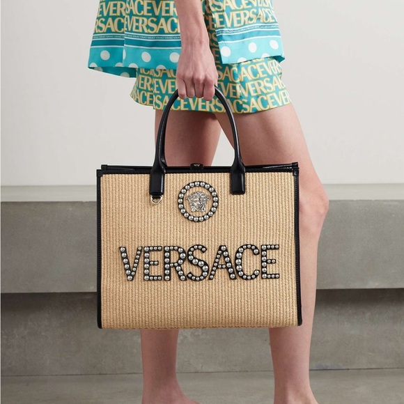 Versace Handbags - Versace Tan and Black Tote Bag with Structured Design